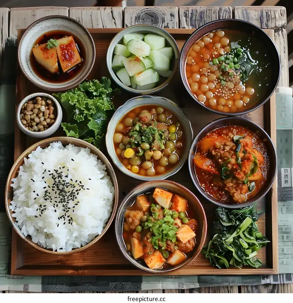 Delicious Asian Meal with Rice, Tofu, and Vegetables