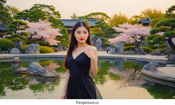 Asian Woman in Black Dress in a Beautiful Garden