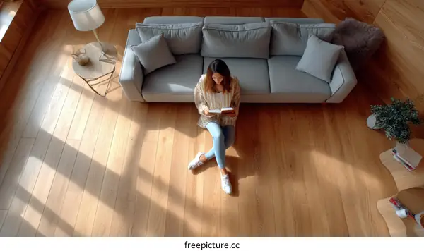 Woman Reading a Book on the Light Hardwood Floor