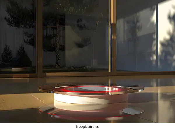 Round Glass Platform With Red Light And Wooden Floor