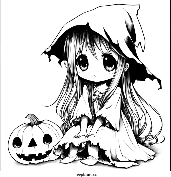 Cute Anime Girl In Halloween Costume With Pumpkin