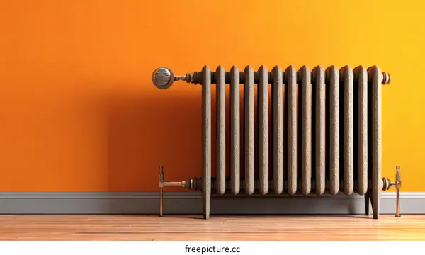 Vintage Radiator Against Orange Wall
