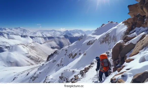 A lone climber ascends a steep snow slope in the mountains.