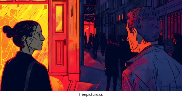 City Street Scene with People Walking by Night