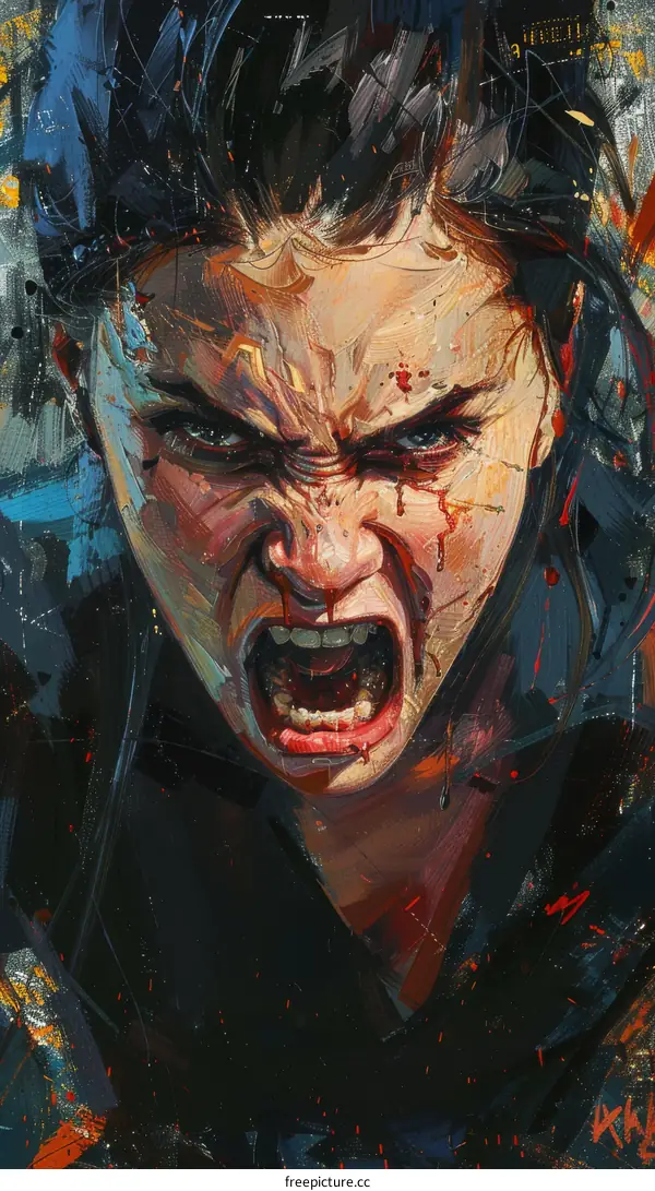 Portrait of a screaming woman with blood on her face