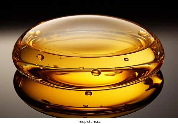 Amber oval-shaped glass container filled with amber liquid