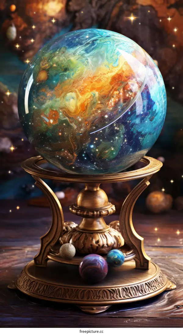 A beautiful glass ball with a galaxy inside it sits on an ornate golden stand.