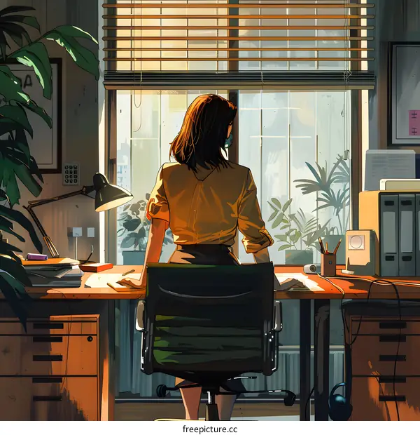 A woman standing in front of the window in her office