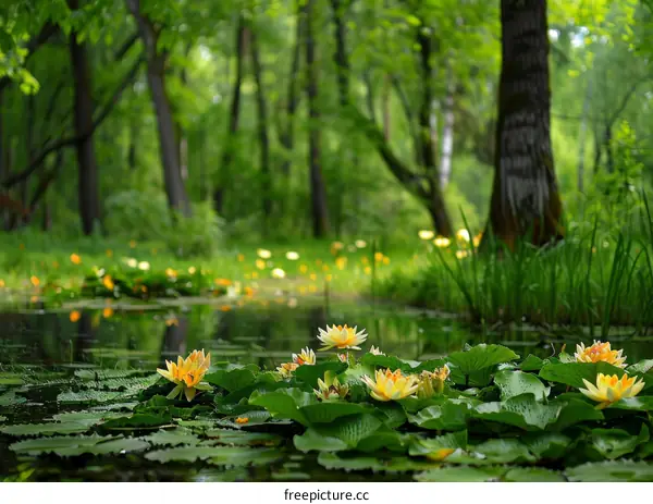 Yellow Water Lilies in a Forest Pond