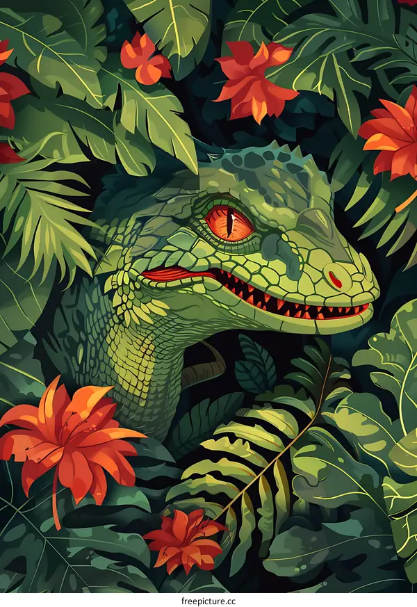 Green Lizard Hiding in Lush Foliage