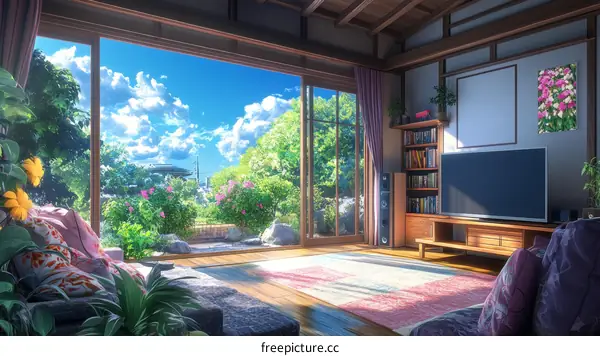 Japanese Style Living Room Illustration with Garden View