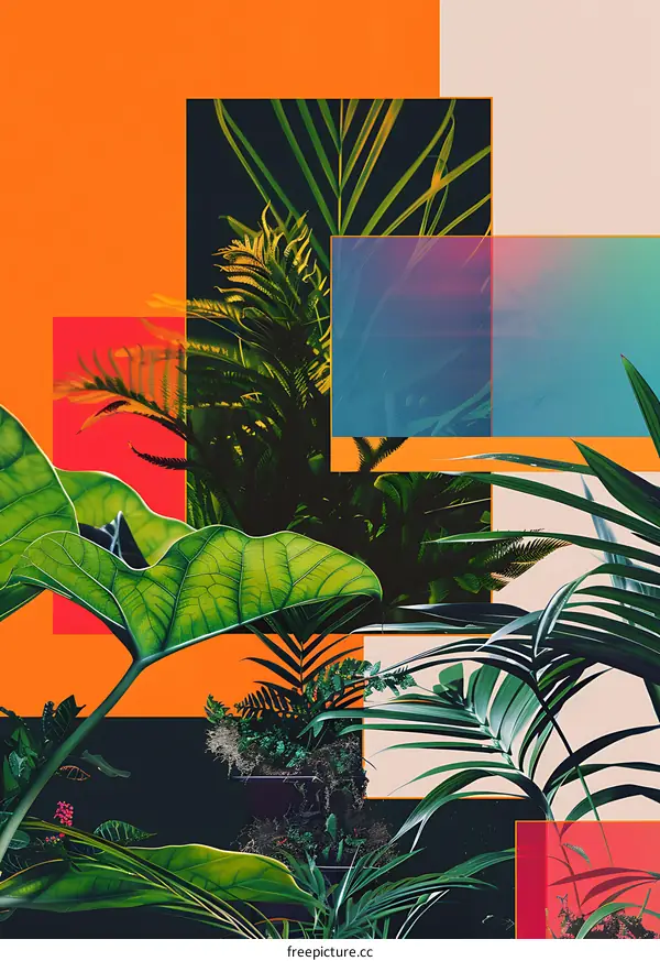 Colorful Geometric Collage With Tropical Plants