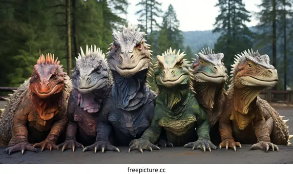 A group of colorful lizards sitting on a rock in front of a forest