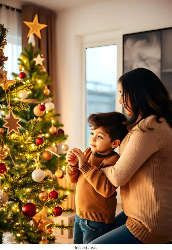 Mother and Son Decorating Christmas Tree Together