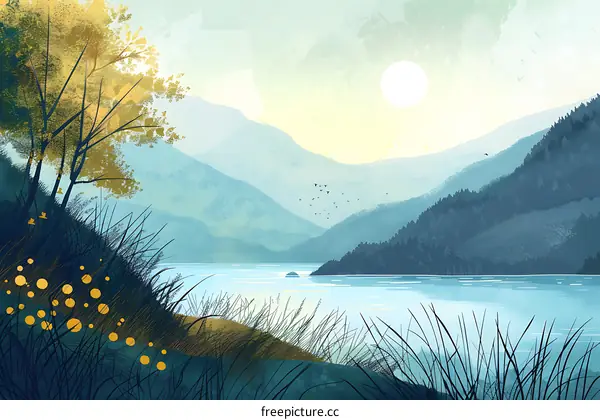 Peaceful Mountain Lake Landscape Illustration