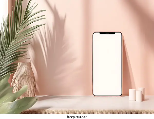 Minimalist Phone Mockup with Palm Leaf and Soft Light