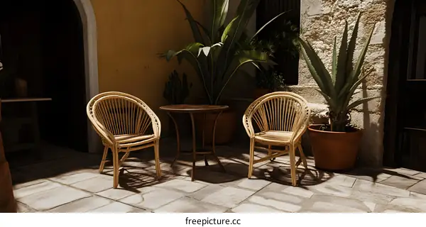 Outdoor Patio With Two Wicker Chairs And A Table