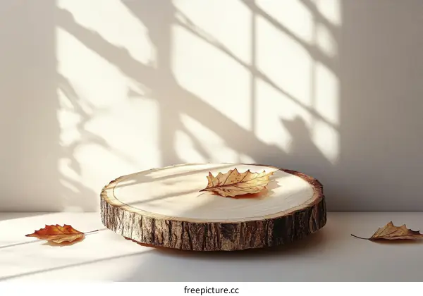 Autumnal Wooden Slice Display with Dried Leaves