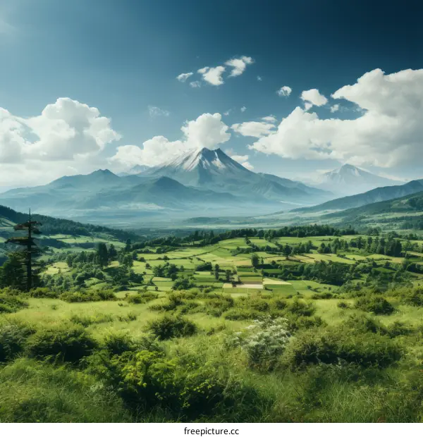 Snow-Capped Mountain Peaks Tower over a Verdant Valley