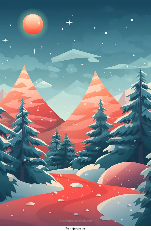 Snowy mountains and pine trees with a red river flowing through them under a setting sun