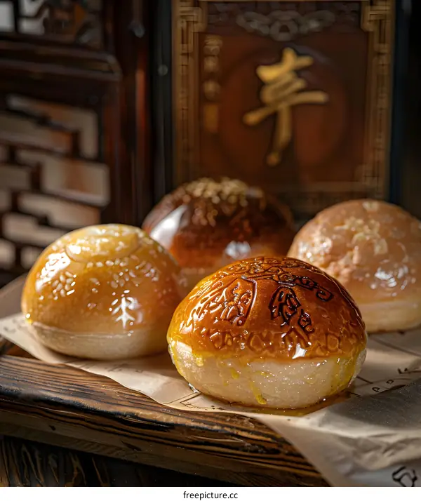 Close Up of Four Chinese Buns on Wooden Tray