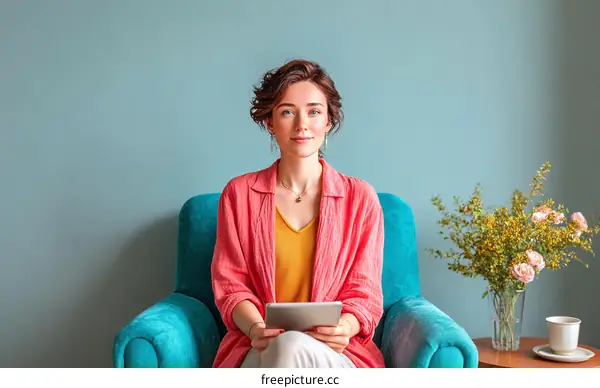 Woman Sitting in a Teal Chair Holding a Tablet
