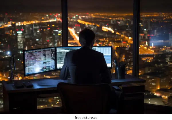 Man looking at computer screens in dark office with city lights outside