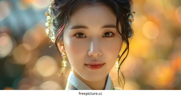 Portrait of a young Asian woman in traditional Korean dress