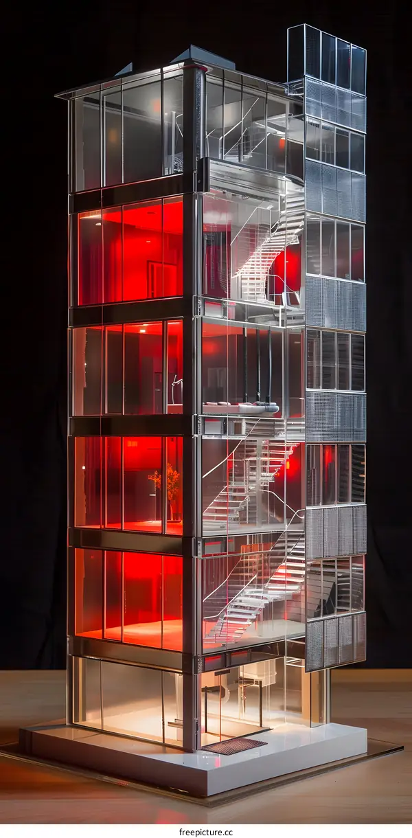 Modern Glass Building Model With Red Interior