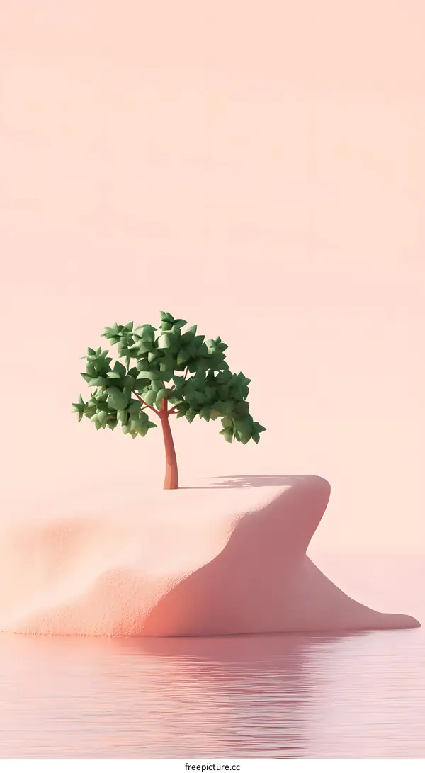 Minimalist 3D Illustration of a Green Tree on a Pink Island