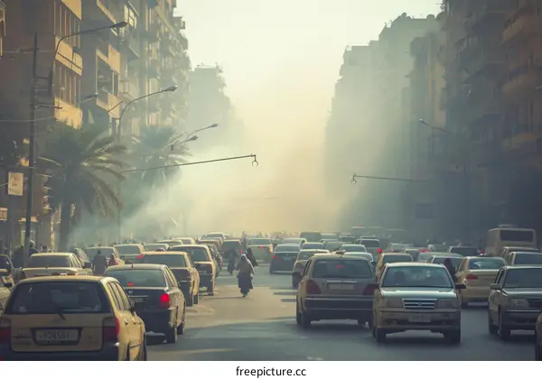 Crowded and polluted urban street scene with many cars and people crossing the road