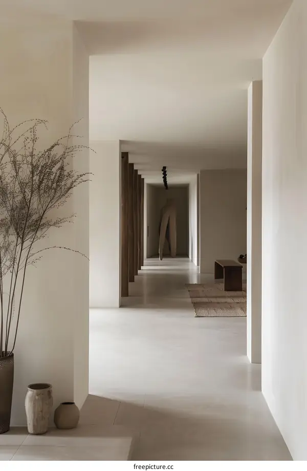 Minimalist White Interior Design Hallway With Wooden Columns And Sculpture