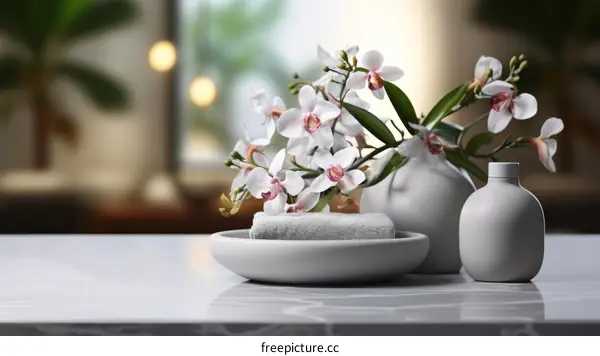 Orchid flowers in a vase with a towel and bottle on a marble table