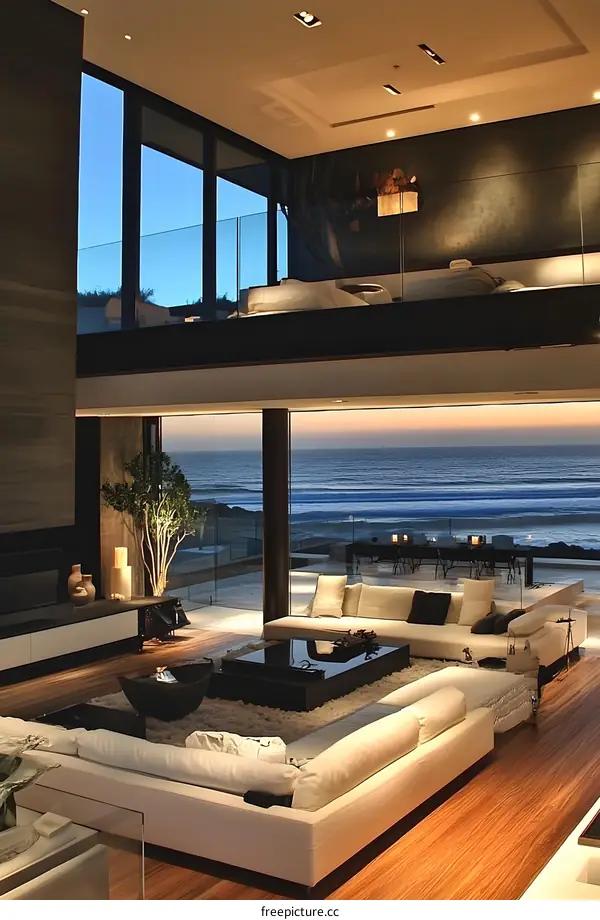 Modern Living Room with Ocean View and Wooden Floor
