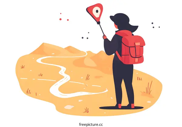 Woman with Backpack Holding a Map and Looking at the Desert Landscape