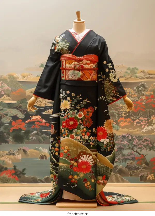 A woman wearing a black kimono with red and gold floral patterns.