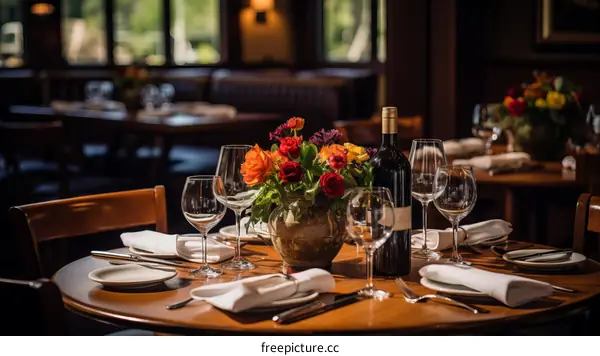 An elegant table set with wine and flowers