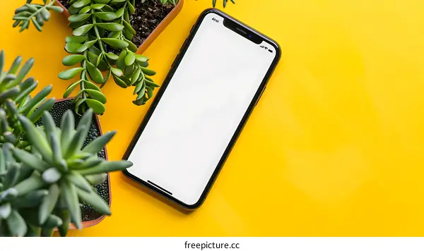 Modern Smartphone Mockup on Yellow Background with Succulents
