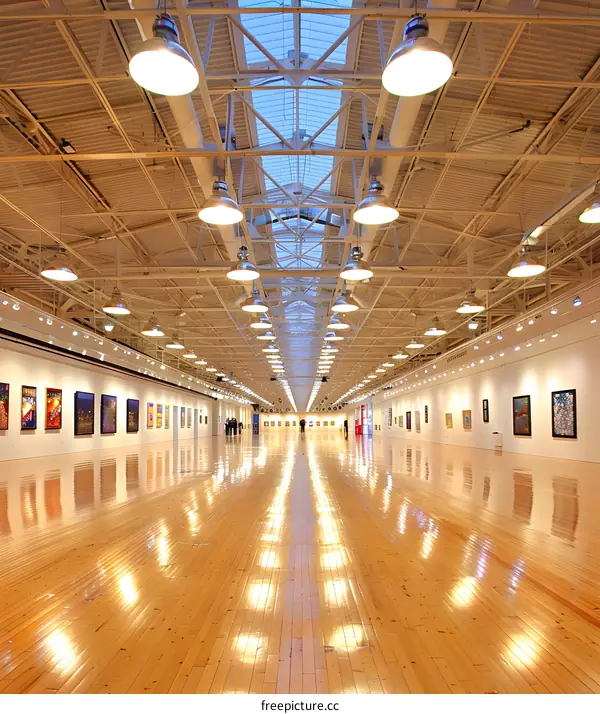 Modern Art Gallery with Light Reflecting on Wooden Floor