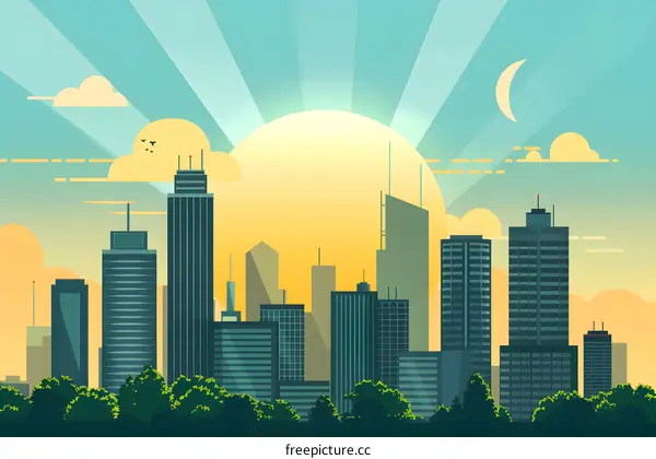 Sunrise Over City Skyline Illustration