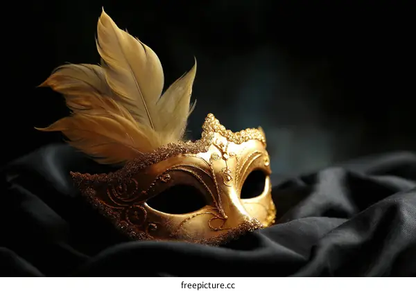 Golden Venetian Mask on Black Fabric