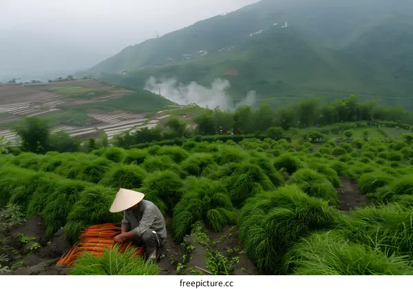 Man Harvesting Crops on Green Hillside in Vietnam