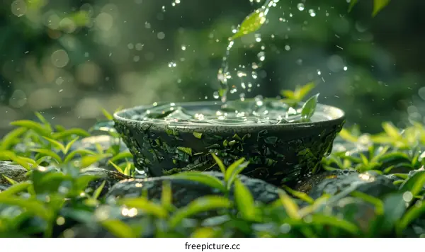 Green tea leaves and water droplets