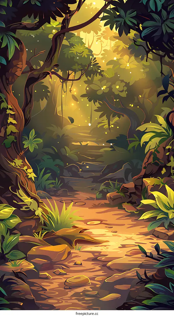 Jungle Path with Sunlight Through Trees