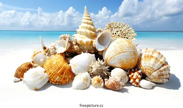 Seashells on the Beach with Ocean Background