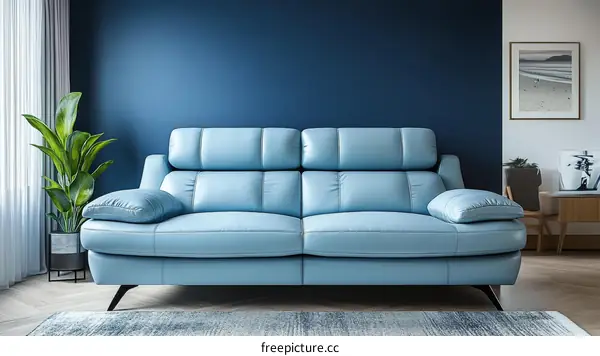 Modern Light Blue Leather Sofa in a Living Room