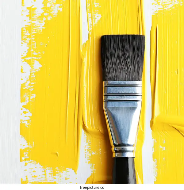 A paintbrush on a yellow oil painting background