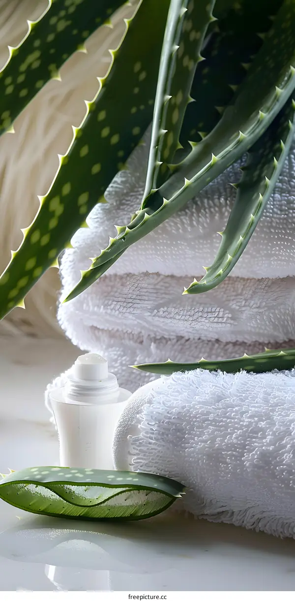 Aloe Vera Plant with White Towels and Cream