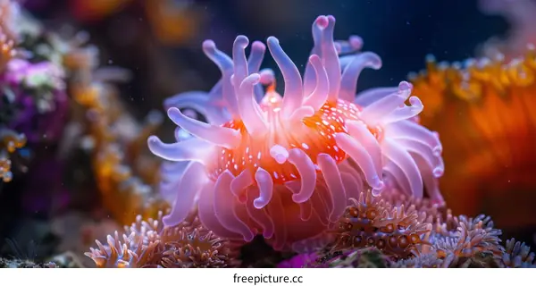 A beautiful sea anemone with pink and white tentacles