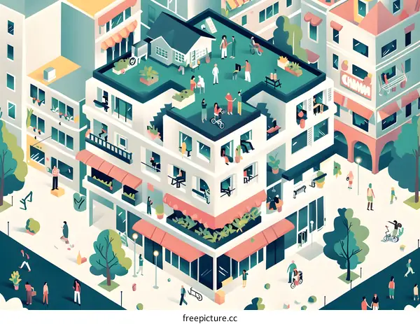 Modern City Life Illustration with People on Rooftop